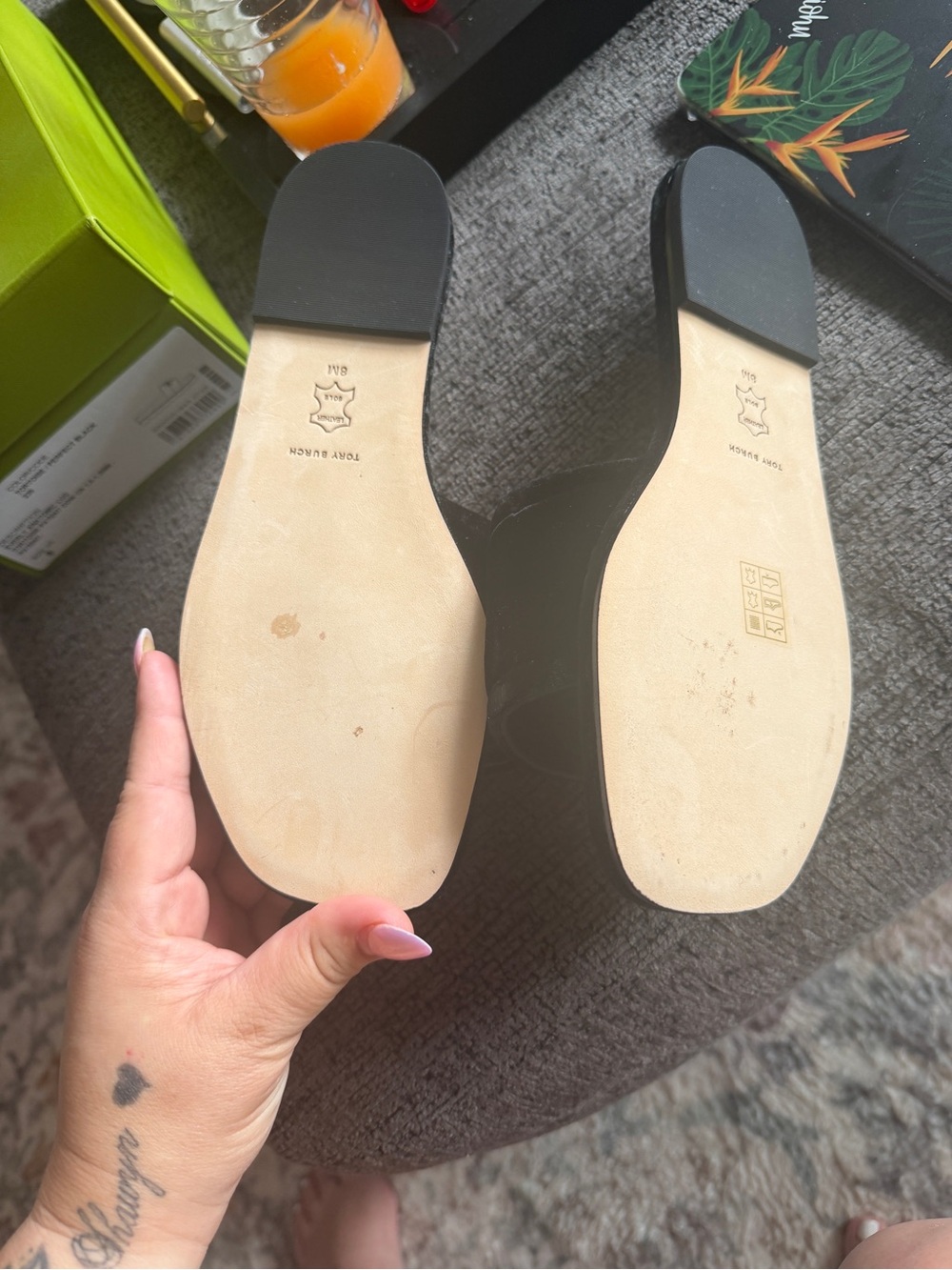 Tory Burch Black and Beige Leather Slide Sandals - Picture 2 of 4
